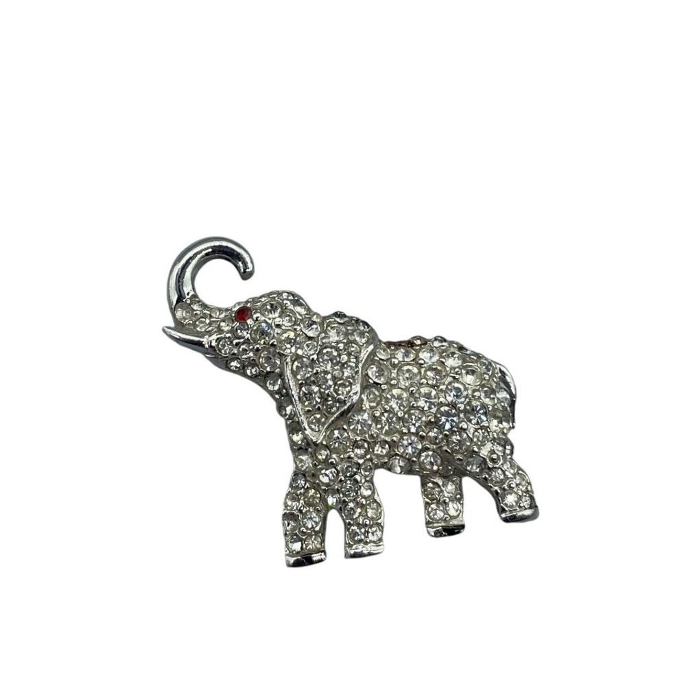 Vintage‎ Elephant Brooch Silver Tone Pave Rhinestone Red Eye Pin